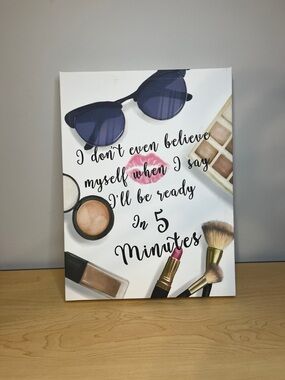 Makeup Wall Art Canvas - Pink Accent "5 Minutes" Quote